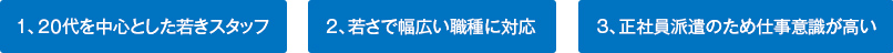 1、２０代を中心とした若きスタッフ2、若さで幅広い職種に対応3、正社員派遣のため仕事意識が高い